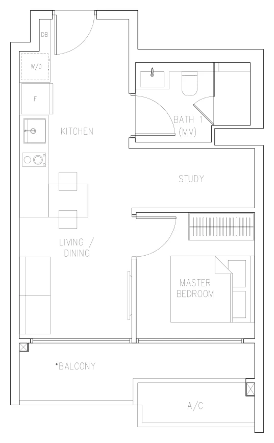 Bukit 828 floor plan, type A1: 1-Bedroom + Study, 506 sq ft