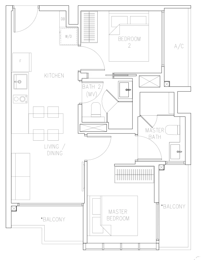 Bukit 828 floor plan, type B1: 2-Bedroom, 624 sq ft