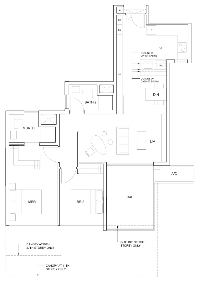 Cairnhill Nine floor plan, type C: 2-Bedroom, 1,033 sq ft