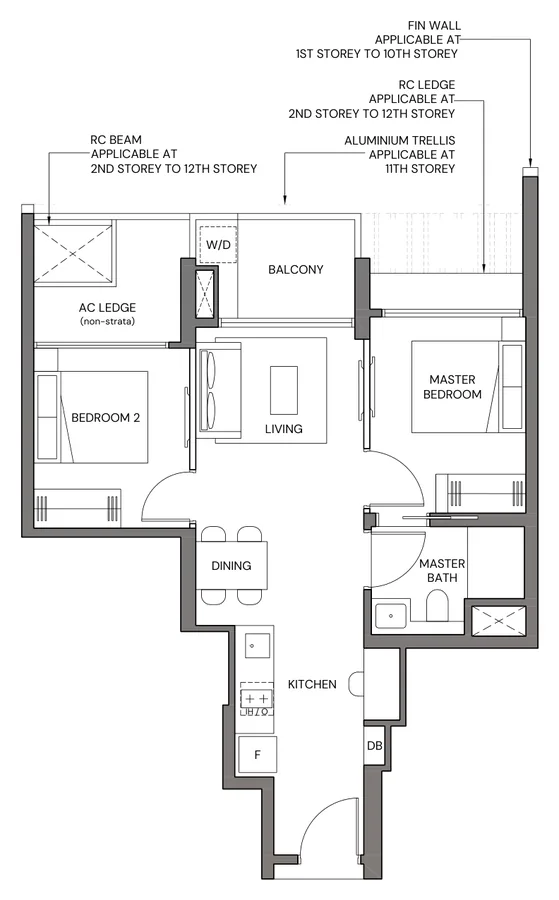 Canberra Crescent Residences floor plan, type 2BR-C: 2-Bedroom Compact, 570 sq ft