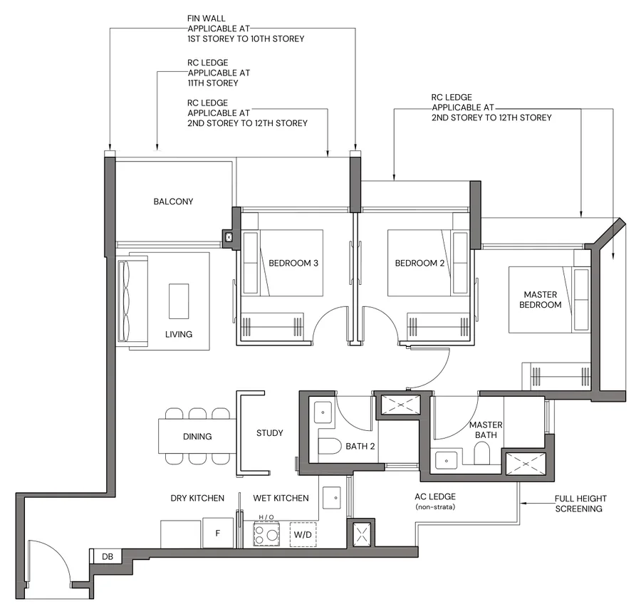 Canberra Crescent Residences floor plan, type 3BR-Cb: 3-Bedroom Compact, 883 sq ft