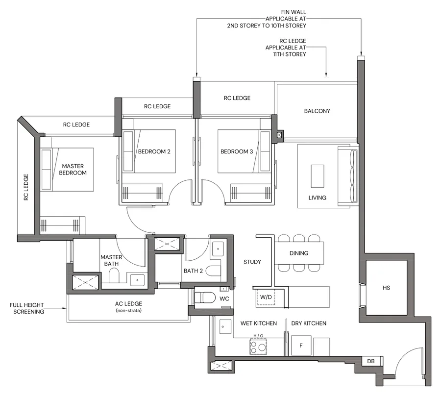 Canberra Crescent Residences floor plan, type 3BR-Sa: 3-Bedroom Premium, 990 sq ft