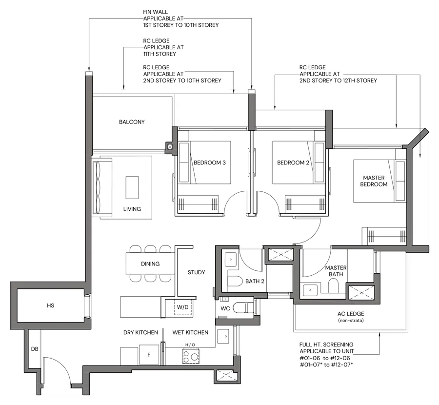 Canberra Crescent Residences floor plan, type 3BR-Sb: 3-Bedroom Premium, 990 sq ft