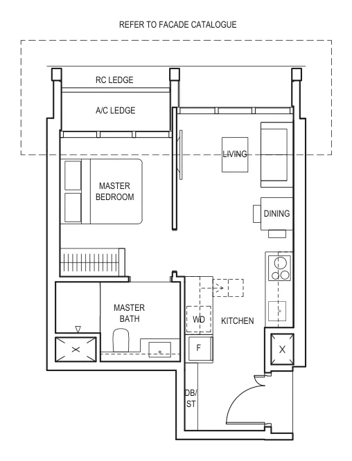 CanningHill Piers floor plan, type A1: 1-Bedroom, 409 sq ft