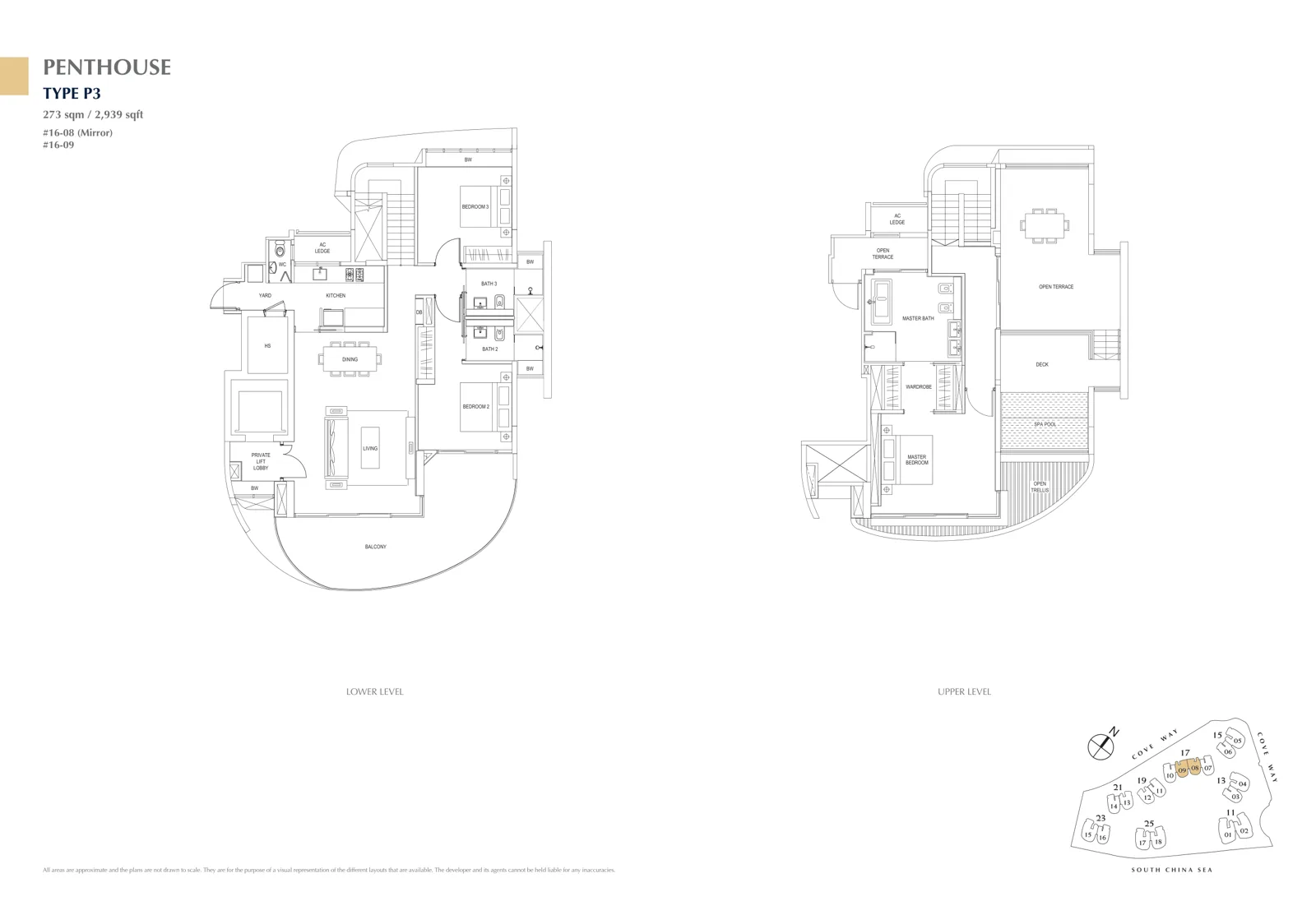 Cape Royale floor plan, type P3: Penthouse, 3 bedrooms, 2,939 sq ft