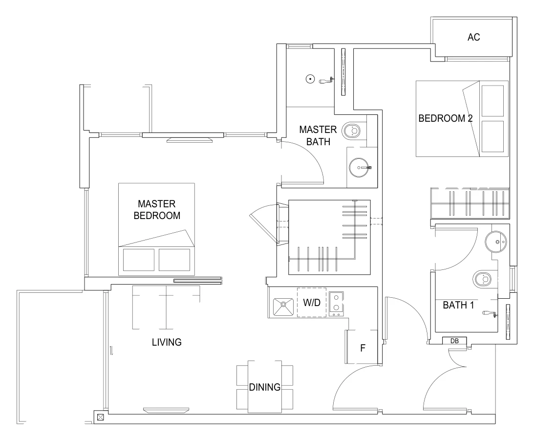 Carpmael Thirty-Eight floor plan, type A1: 2-Bedroom (dual key), 721 sq ft