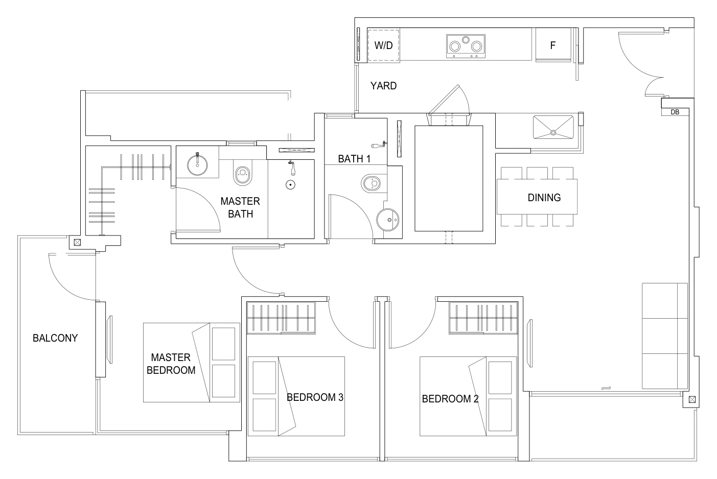 Carpmael Thirty-Eight floor plan, type B1: 3-Bedroom, 1,076 sq ft