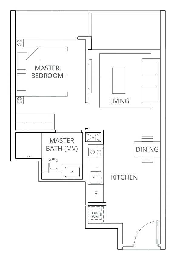 Casa Al Mare floor plan, type A2: 1-Bedroom, 474 sq ft