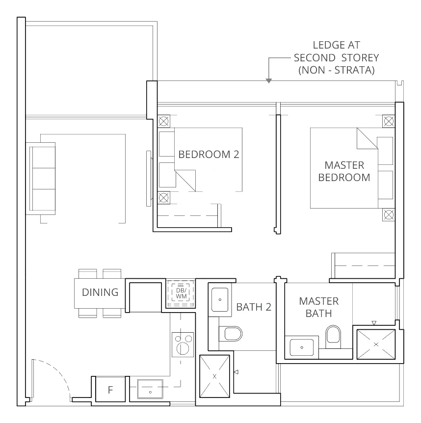 Casa Al Mare floor plan, type B5: 2-Bedroom, 732 sq ft