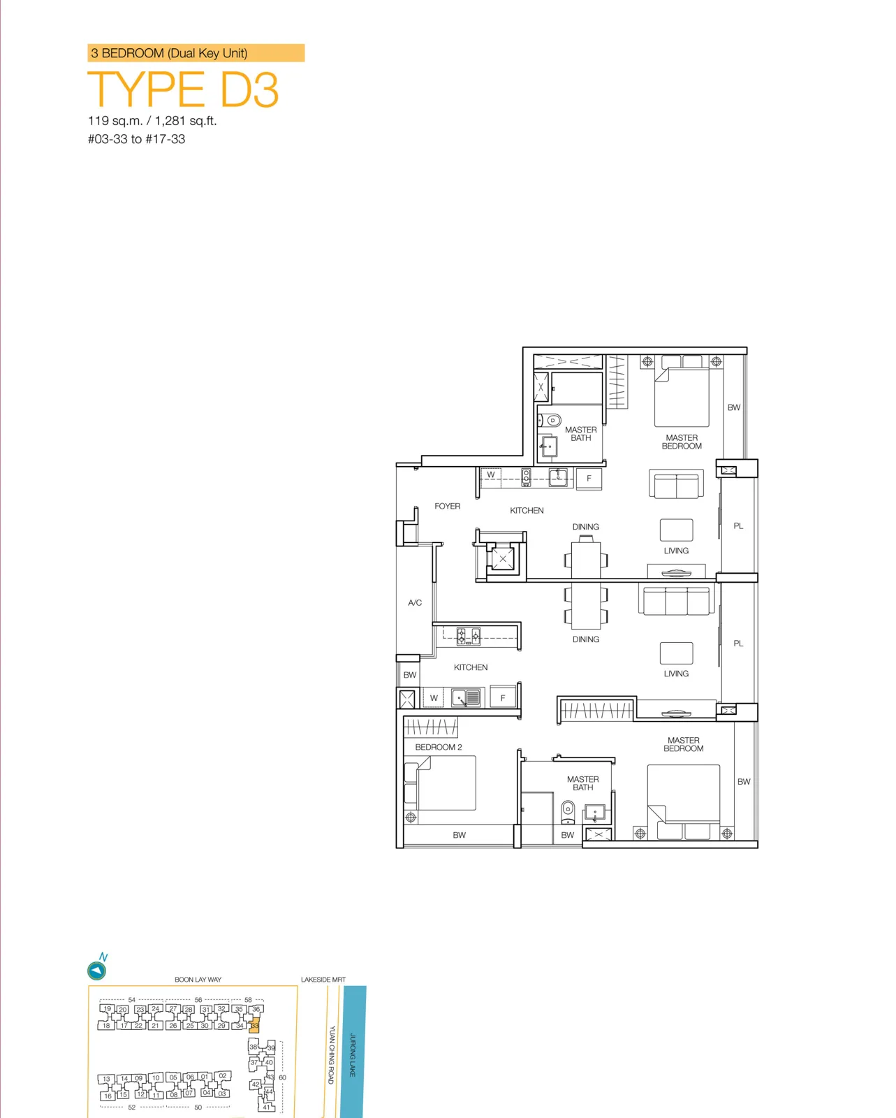 Caspian floor plan, type D3: 3-Bedroom Dual Key, 1,281 sq ft