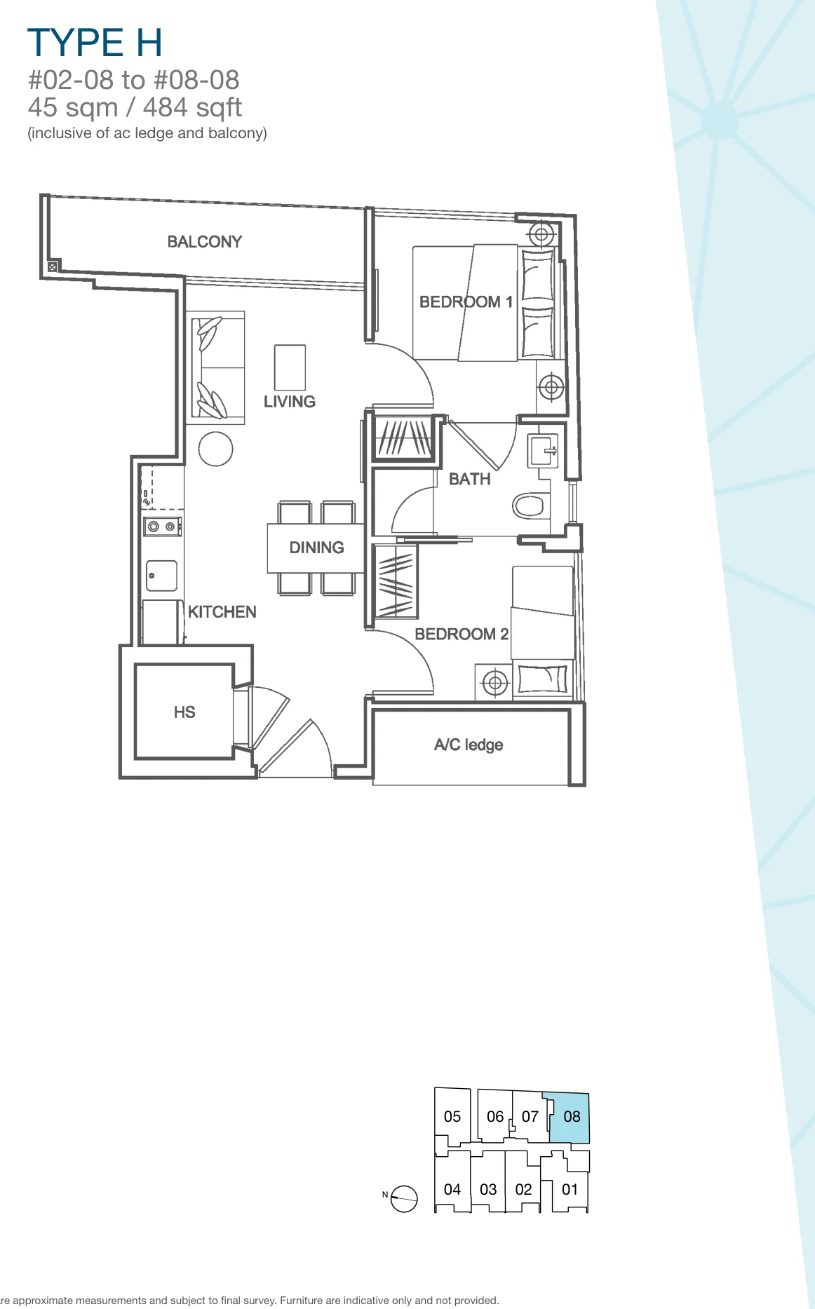 Centra Loft floor plan, type H: 2-Bedroom, 484 sq ft