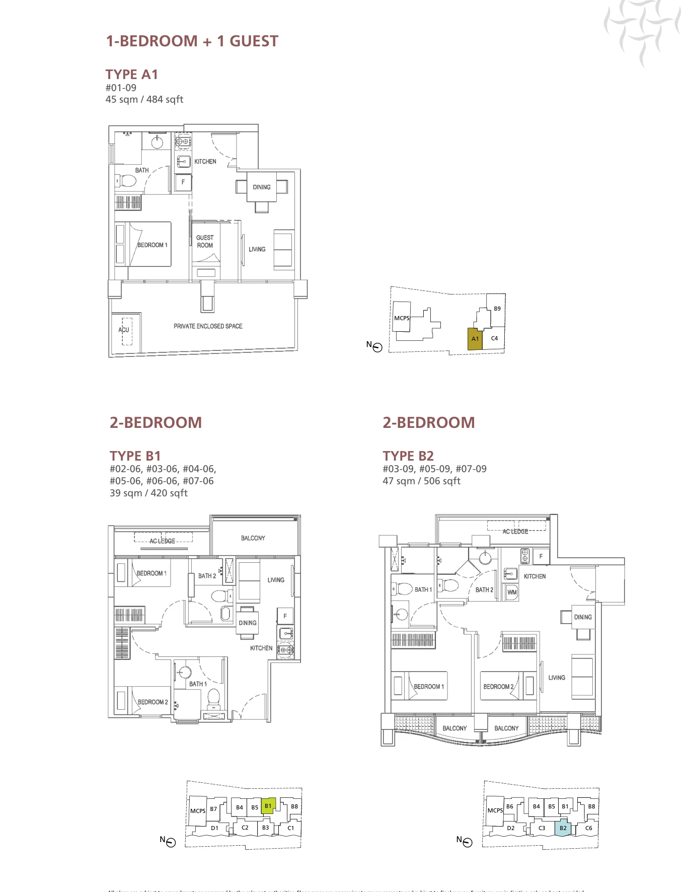 Central Imperial floor plan, type A1: 1-Bedroom + Guest, 484 sq ft