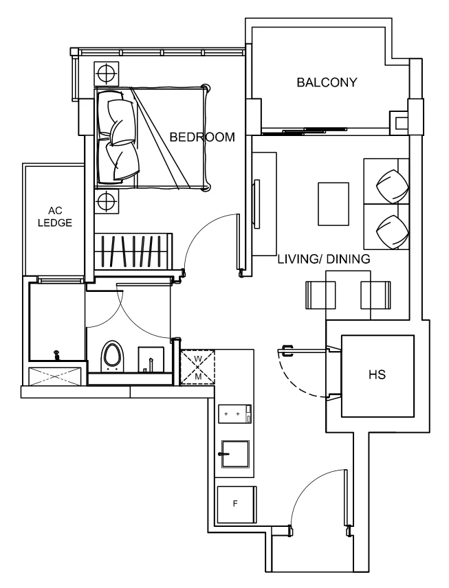 City Suites floor plan, type B1: 1-Bedroom, 463 sq ft