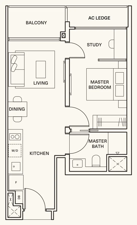 Clavon floor plan, type A1: 1-Bedroom + Study, 527 sq ft