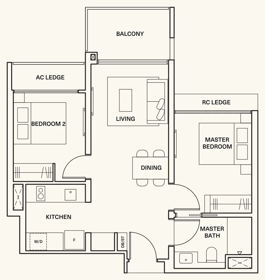 Clavon floor plan, type B1: 2-Bedroom, 678 sq ft