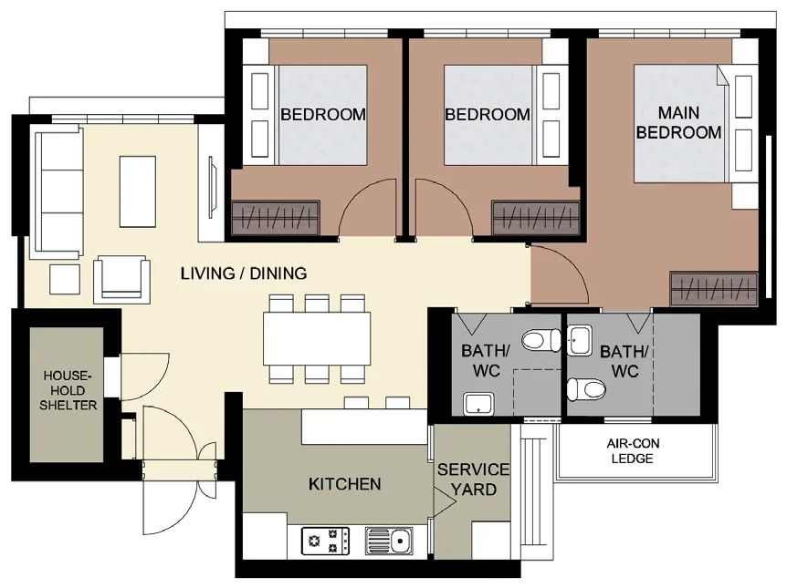 Clementi NorthArc floor plan, type 4R-A: 4-room, 93 sqm, 1,001 sq ft