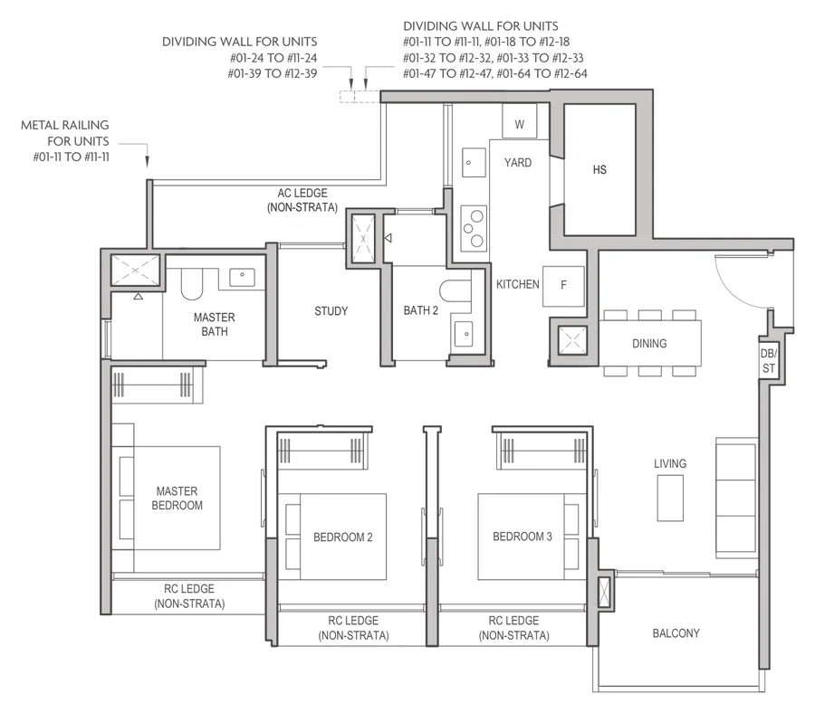 Coastal Cabana floor plan, type C3: 3-Bedroom Premium + Study, 915 sq ft