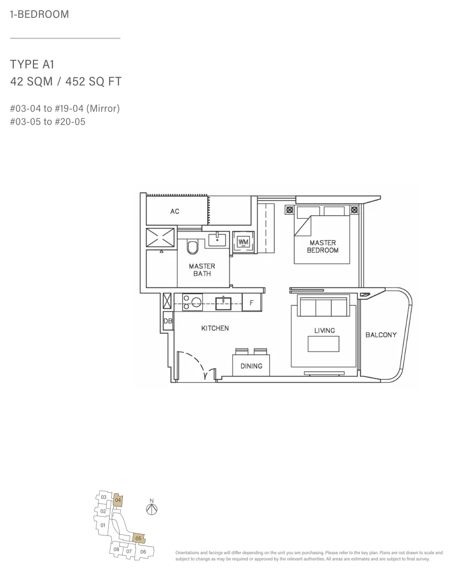 Coastline Residences floor plan, type A1: 1-Bedroom, 452 sq ft