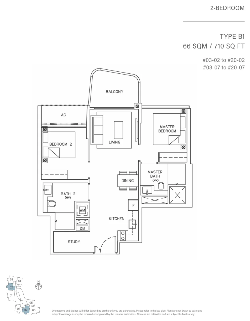 Coastline Residences floor plan, type B1: 2-Bedroom, 710 sq ft