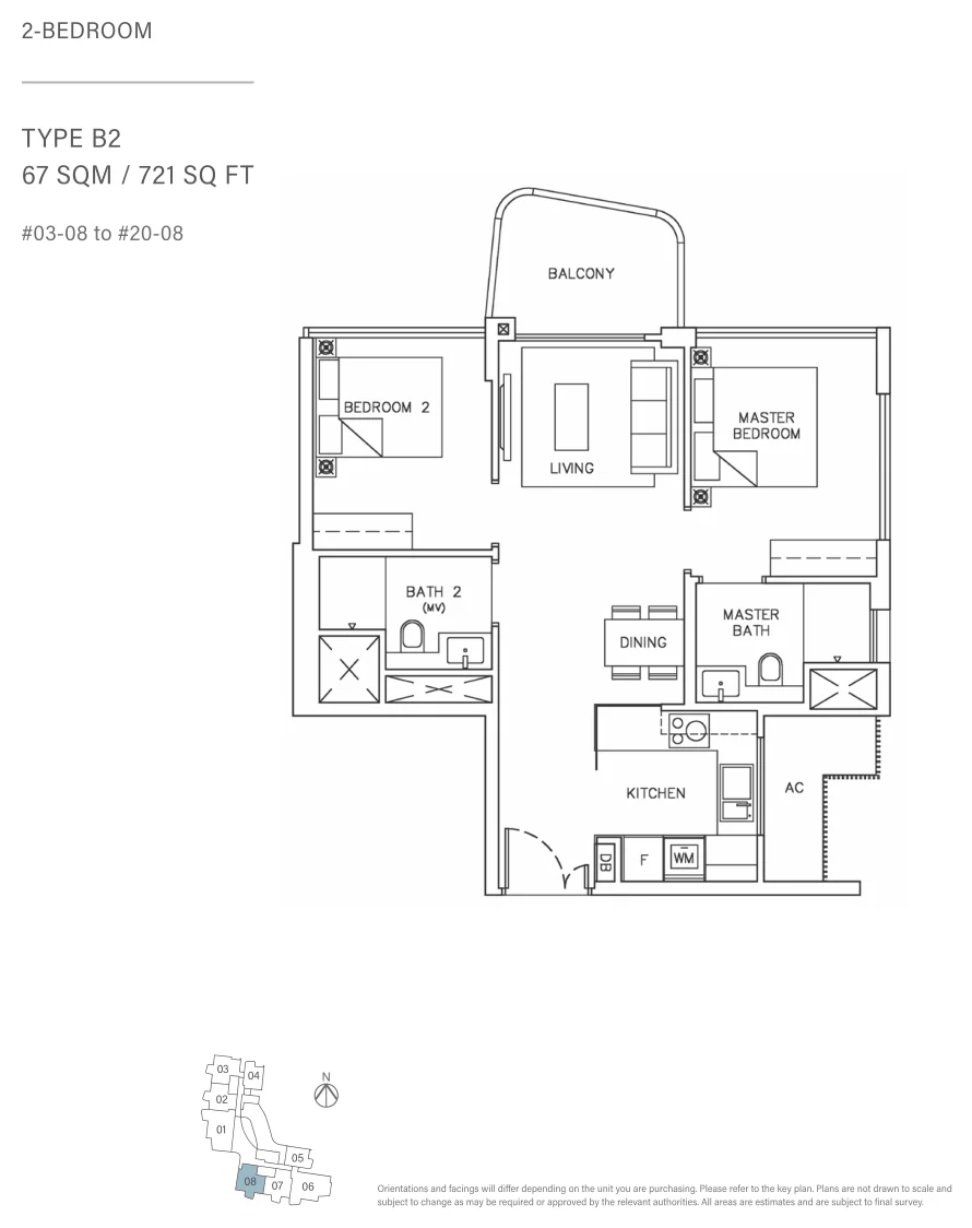 Coastline Residences floor plan, type B2: 2-Bedroom, 721 sq ft