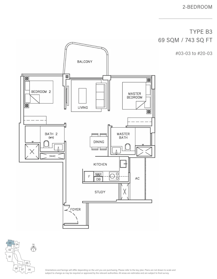 Coastline Residences floor plan, type B3: 2-Bedroom, 743 sq ft
