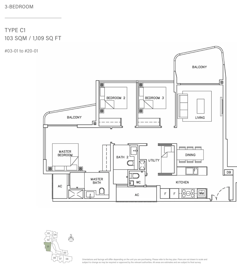 Coastline Residences floor plan, type C1: 3-Bedroom, 1,109 sq ft