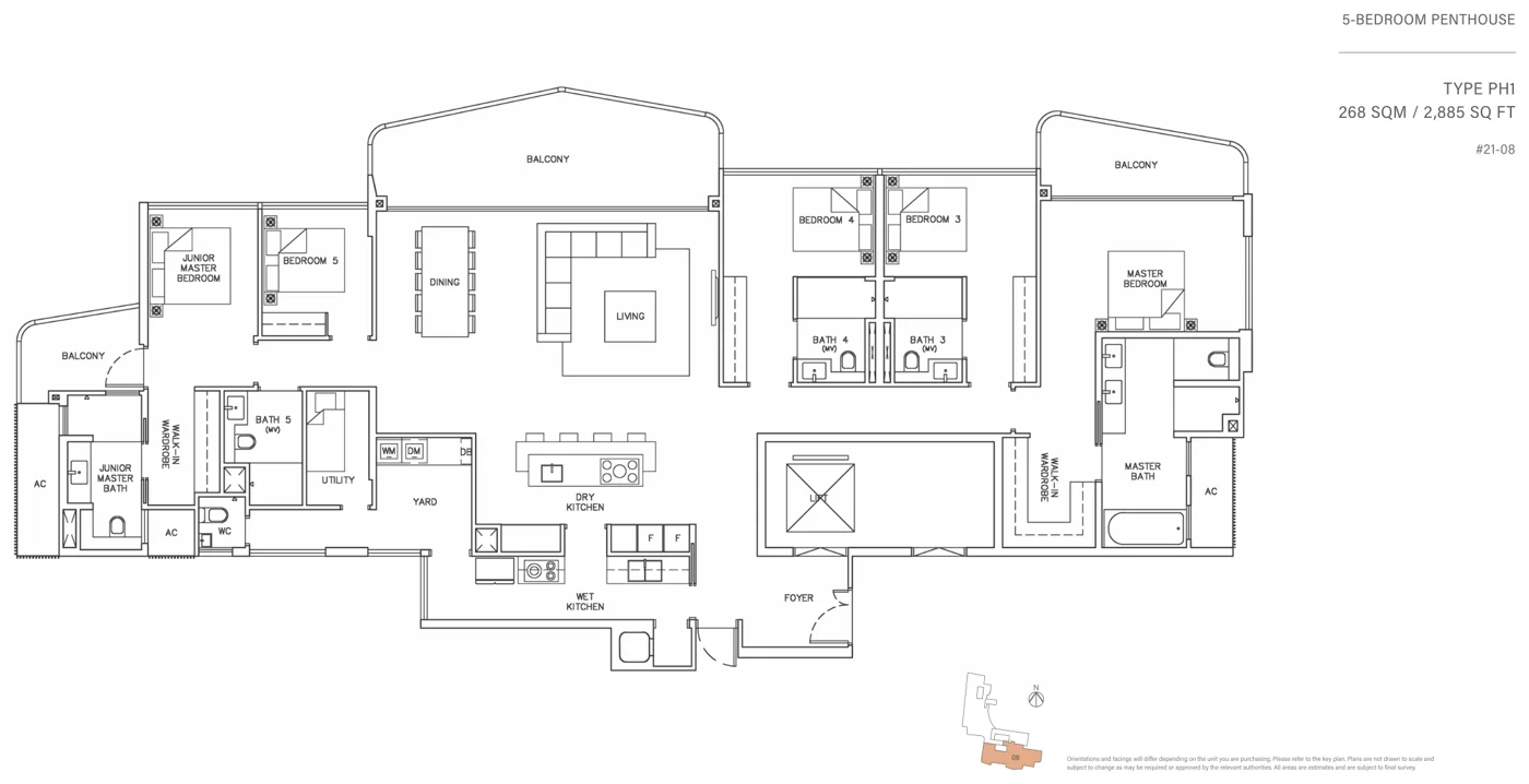 Coastline Residences floor plan, type PH1: 5-Bedroom Penthouse, 2,885 sq ft