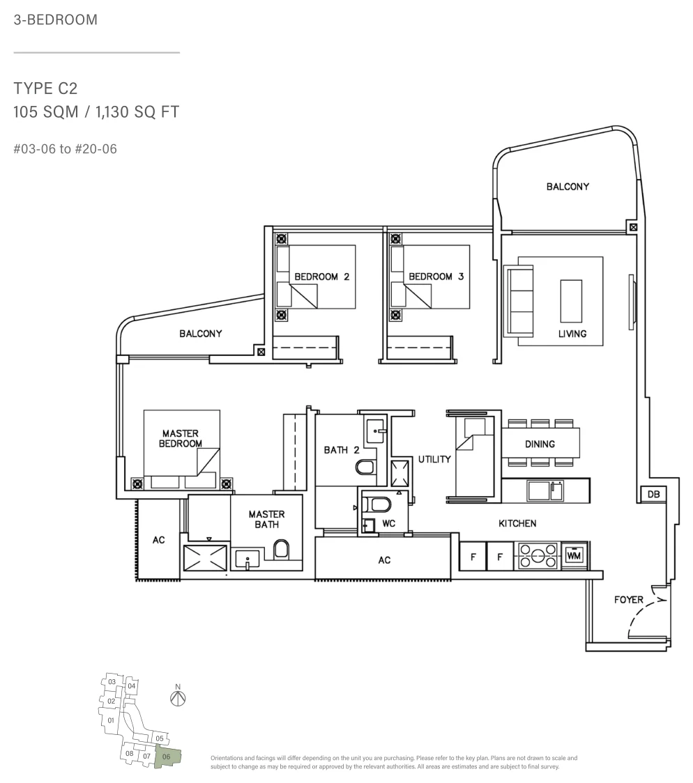 Coastline Residences floor plan, type C2: 3-Bedroom, 1,130 sq ft