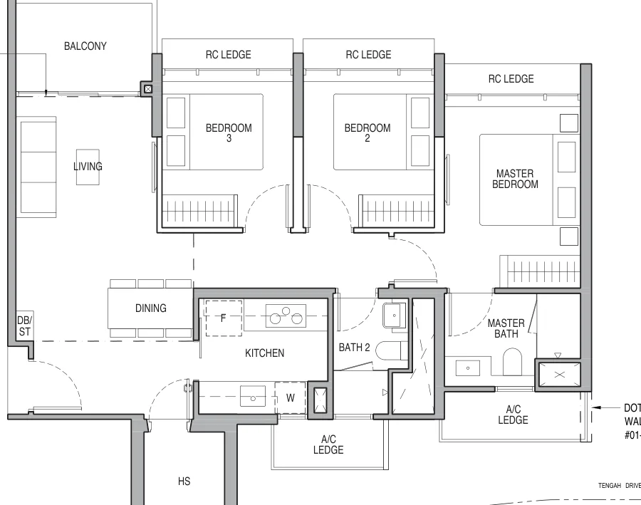 Copen Grand floor plan, type B1: 3-Bedroom Deluxe, 936 sq ft