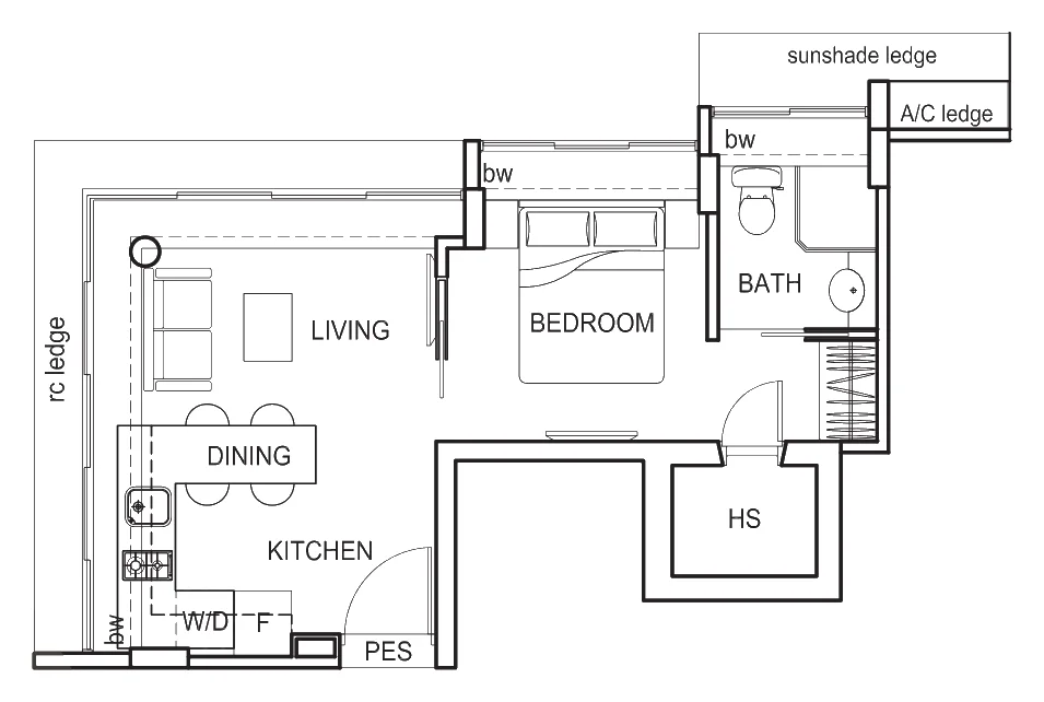 Cosmo floor plan, type A2: 1-Bedroom, 398 sq ft