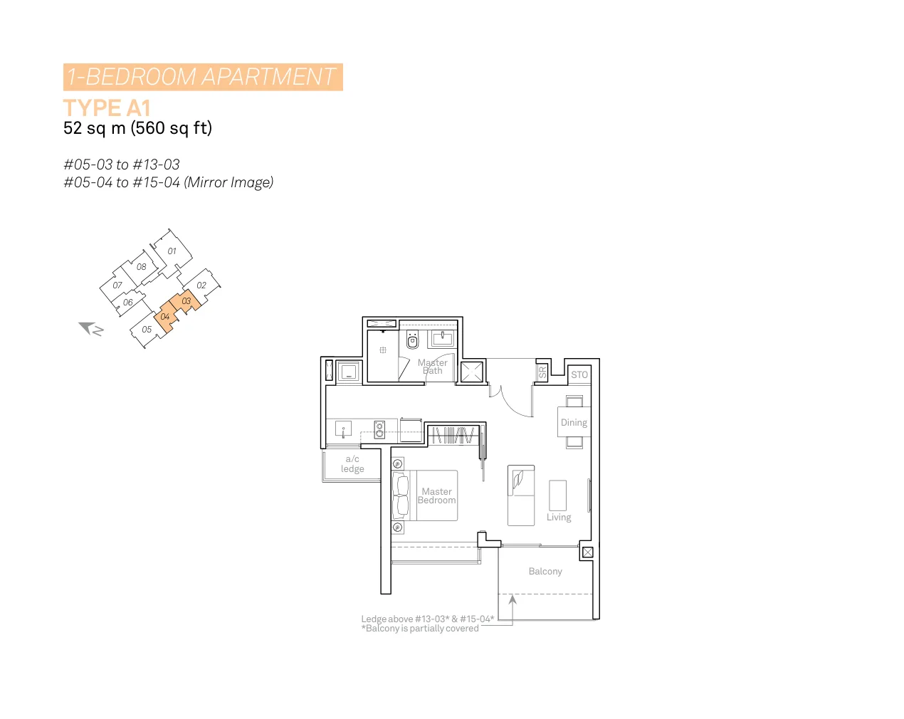 Cube 8 floor plan, type A1: 1-Bedroom, 560 sq ft
