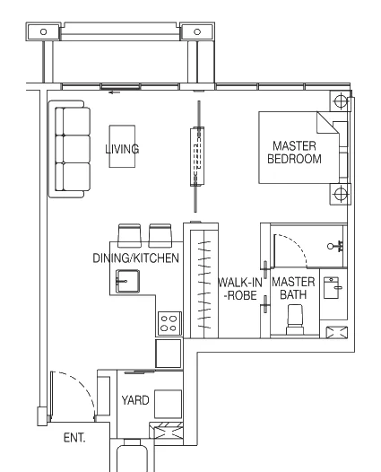 Cubik floor plan, type C: 1-Bedroom, 484 sq ft