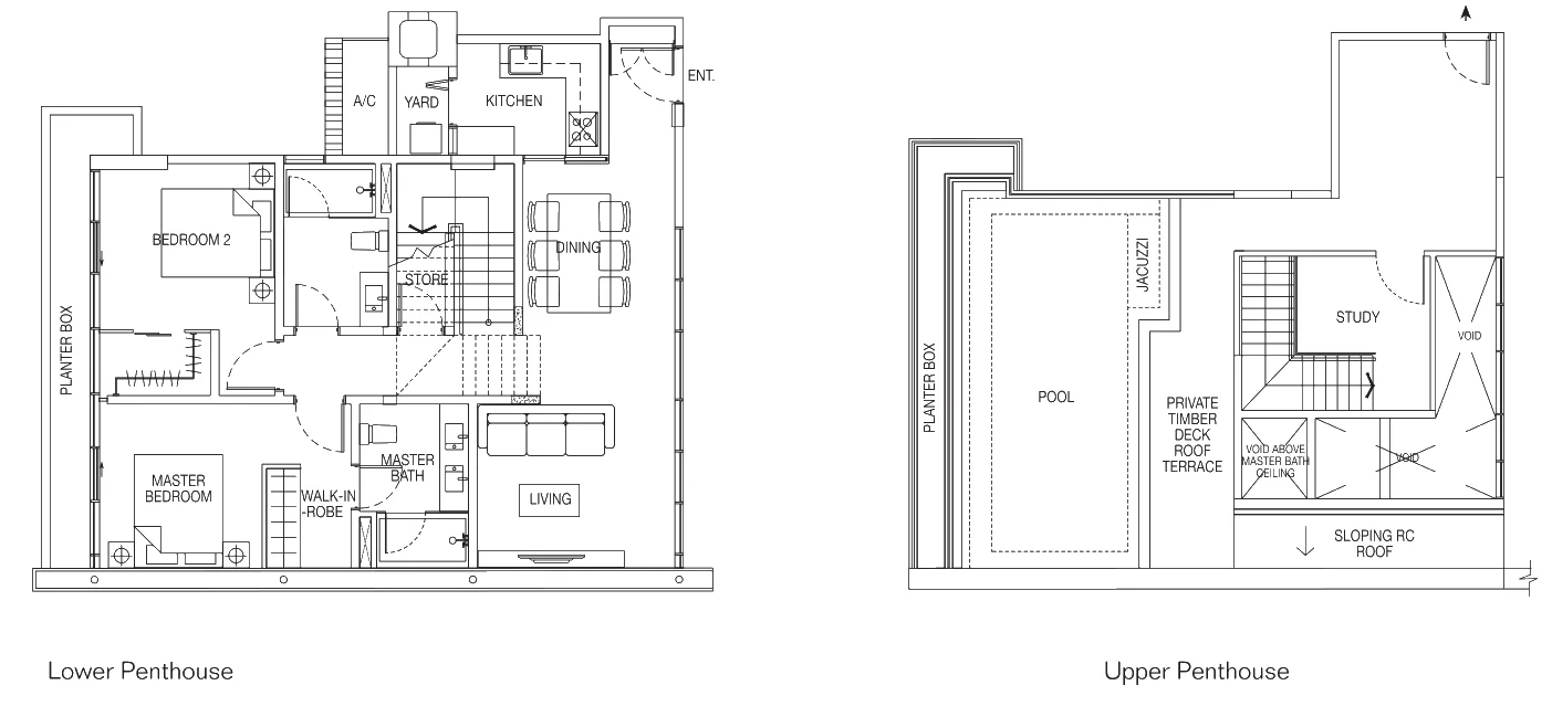 Cubik floor plan, type PH-A: Penthouse (2 bedrooms + study, two levels, private pool), 2,034 sq ft
