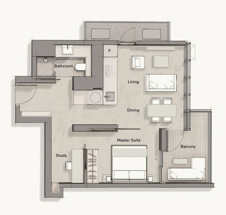 Cuscaden Reserve floor plan, type A1: 1-Bedroom + Study, 700 sq ft