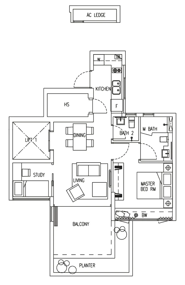 D'Fresco floor plan, type C1: 1-Bedroom + Study, 775 sq ft