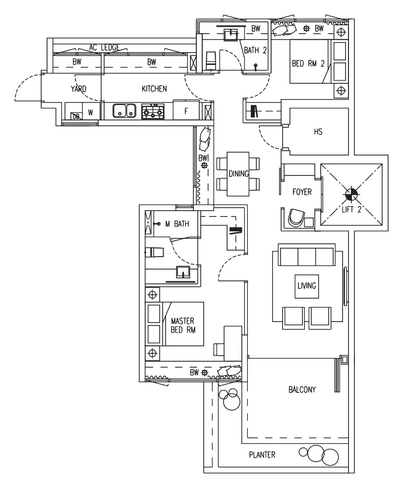 D'Fresco floor plan, type D1: 2-Bedroom, 1,119 sq ft