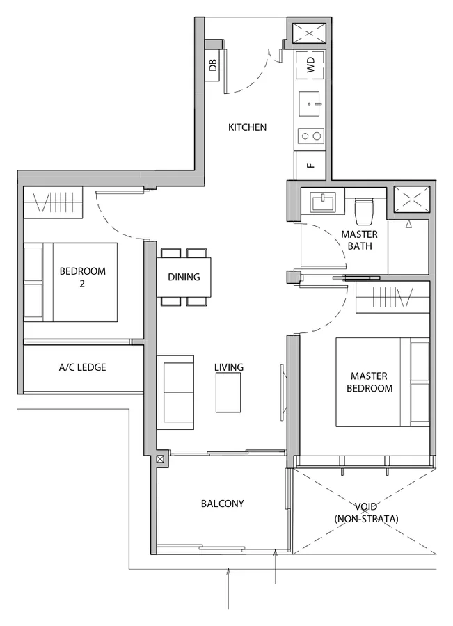 Dairy Farm Residences floor plan, type 2A1: 2-Bedroom Type A, 624 sq ft
