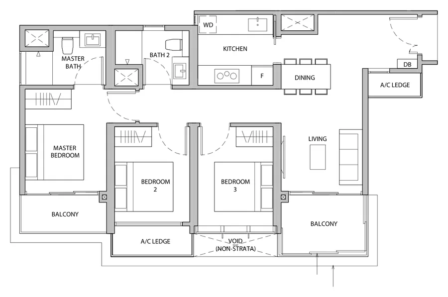 Dairy Farm Residences floor plan, type 3A2: 3-Bedroom Type A, 915 sq ft