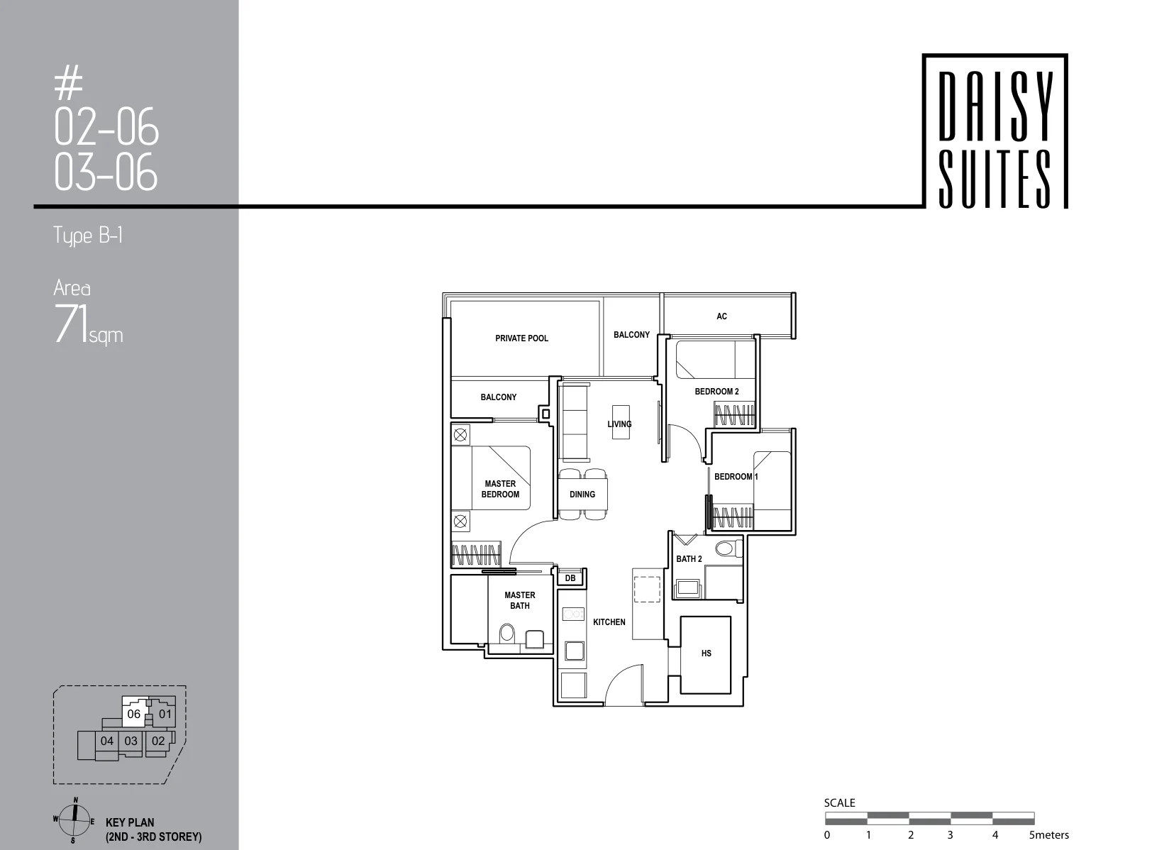 Daisy Suites floor plan, type B-1: 3-Bedroom, 764 sq ft
