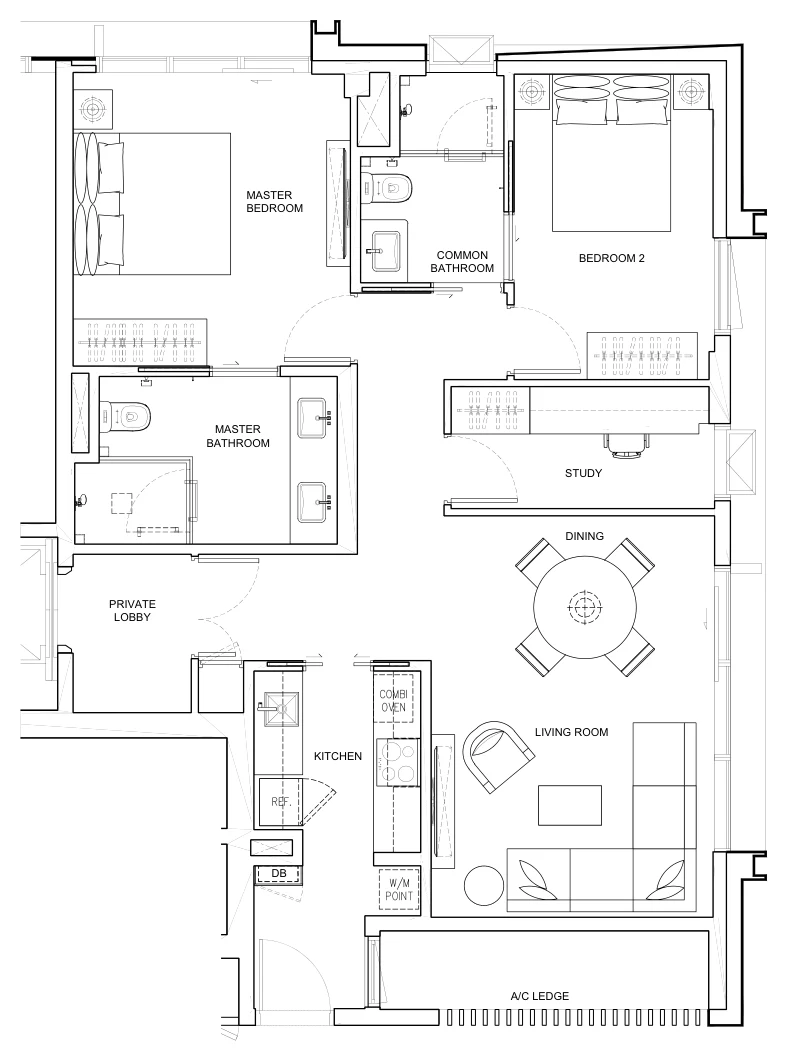 Dalvey Haus floor plan, type A1-1: 2-Bedroom + Study, 990 sq ft