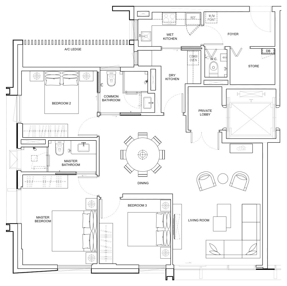 Dalvey Haus floor plan, type B2-1: 3-Bedroom, 1,227 sq ft