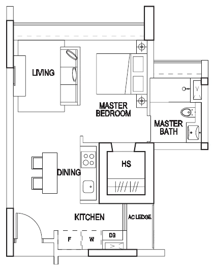 Double Bay Residences floor plan, type A1: 1-Bedroom, 538 sq ft
