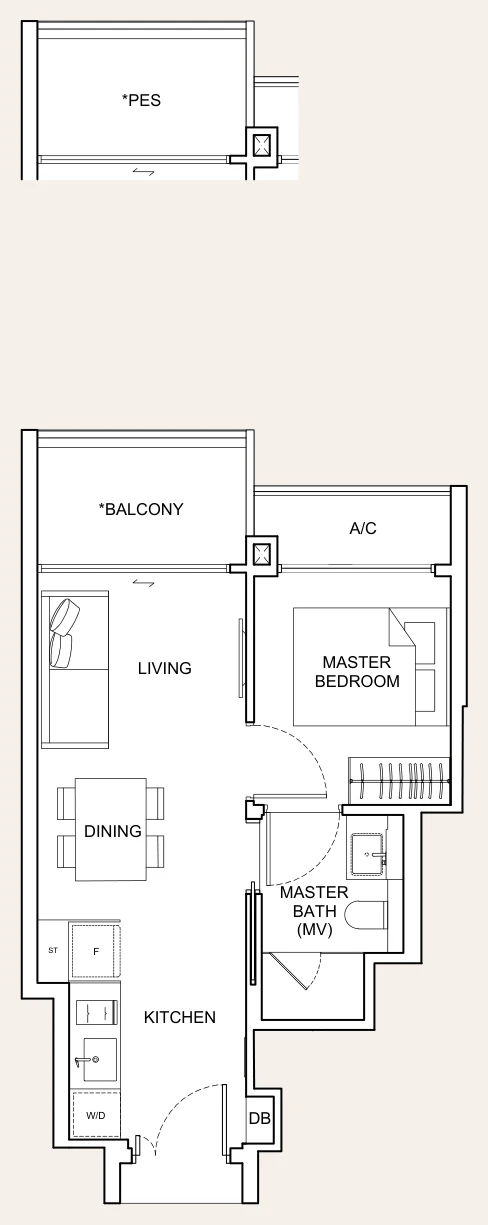 Dunearn 386 floor plan, type A: 1-Bedroom, 452 sq ft
