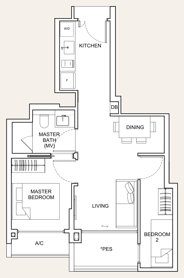 Dunearn 386 floor plan, type B1-G: 2-Bedroom Compact, 560 sq ft