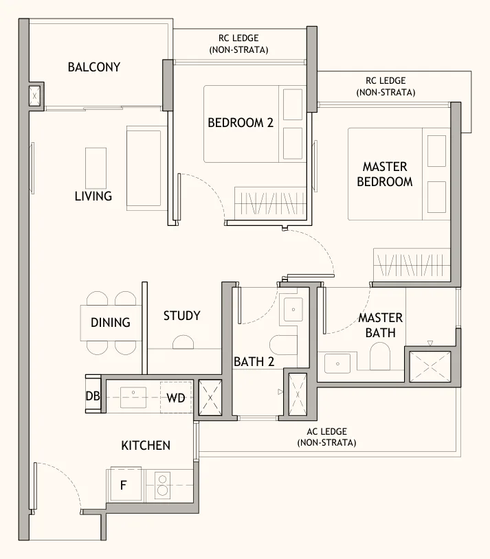 Dunearn House floor plan, type BS2: 2-Bedroom + Study, 667 sq ft
