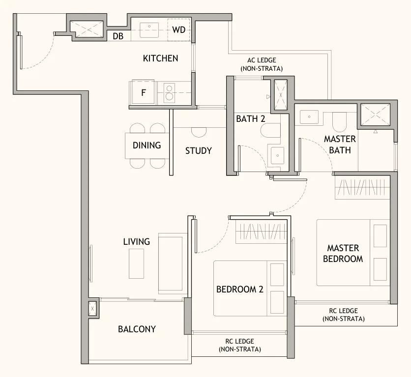 Dunearn House floor plan, type BS3: 2-Bedroom + Study, 678 sq ft