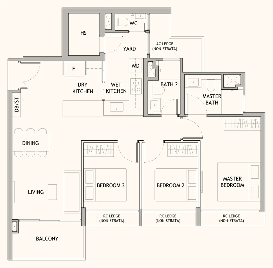 Dunearn House floor plan, type CP1: 3-Bedroom Premium, 1,001 sq ft