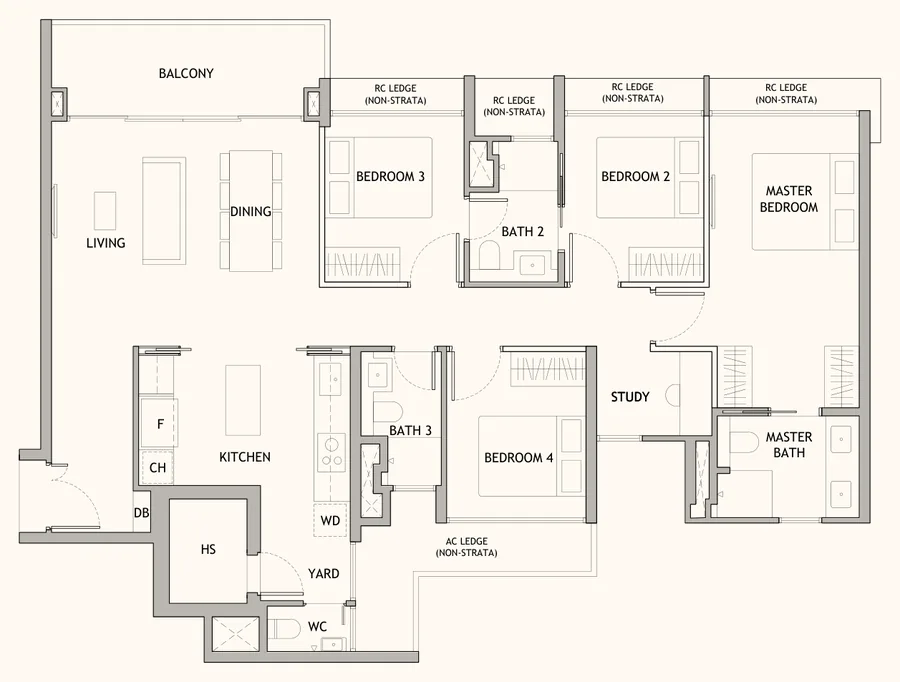 Dunearn House floor plan, type DPS1: 4-Bedroom Premium + Study, 1,378 sq ft