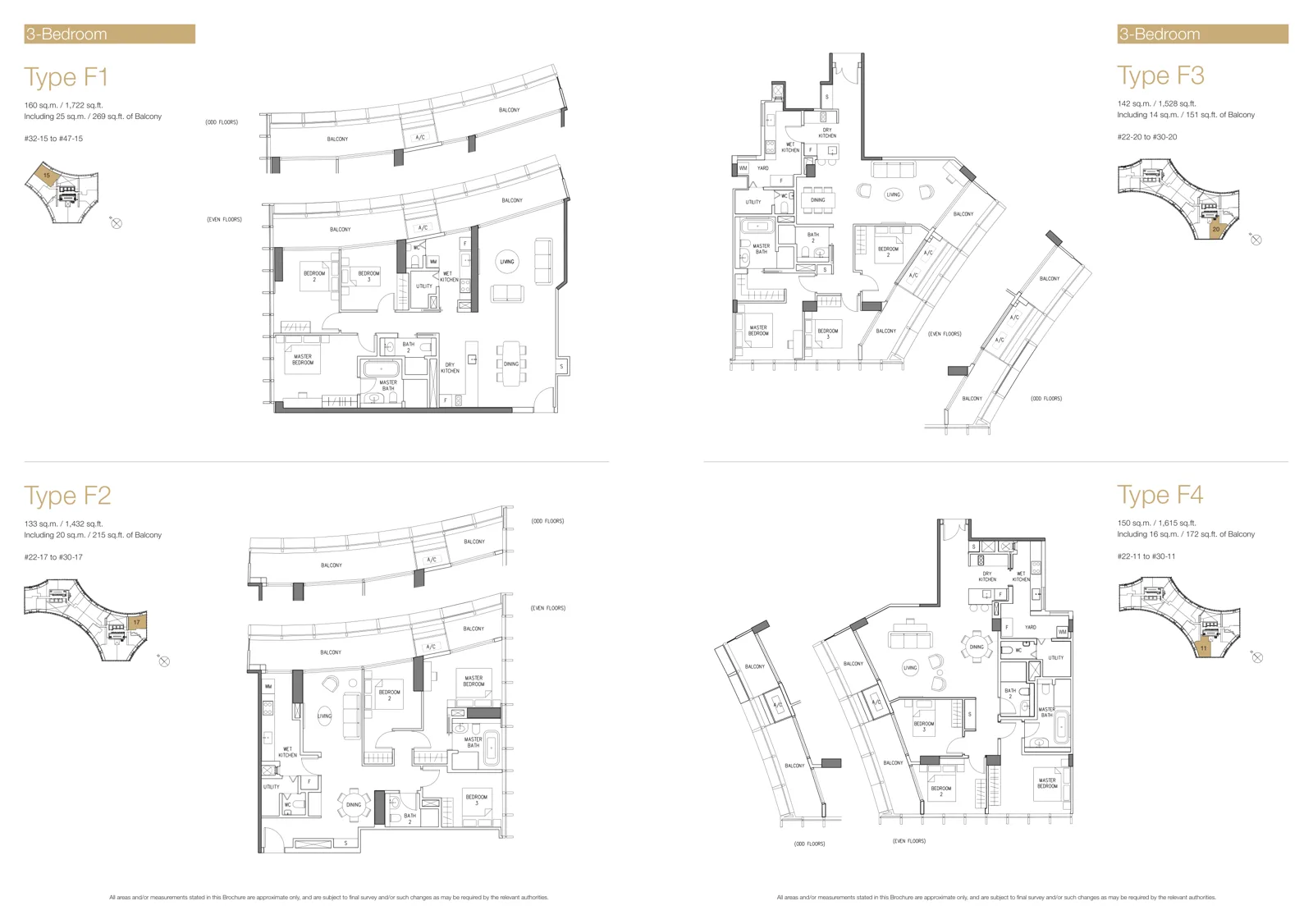 Duo Residences floor plan, type F2: 3-Bedroom, 1,432 sq ft