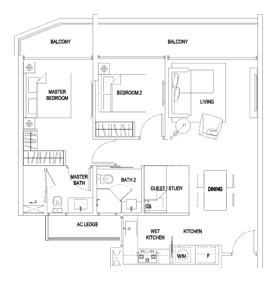 E Maison floor plan, type B1c: 2+1-Bedroom, 1,023 sq ft